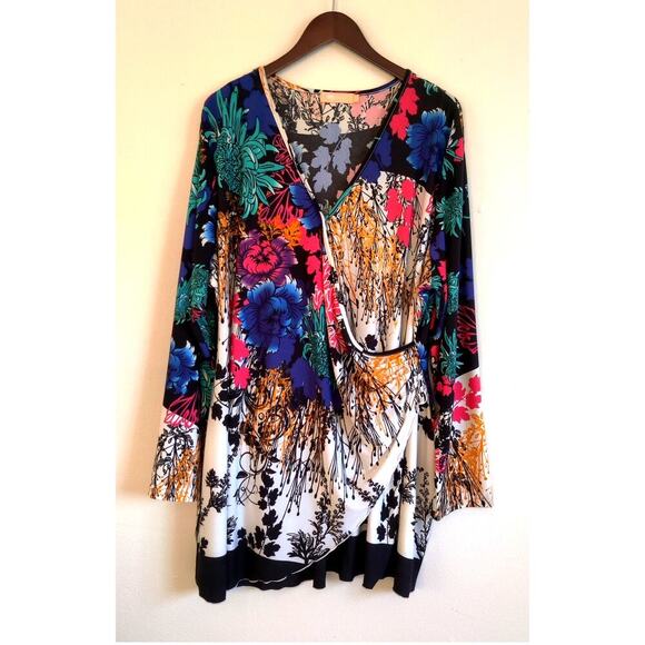 La Cera Floral Wrap Tunic Top Long Sleeve Multicolor 3X Botanical Print Slinky - Picture 2 of 10